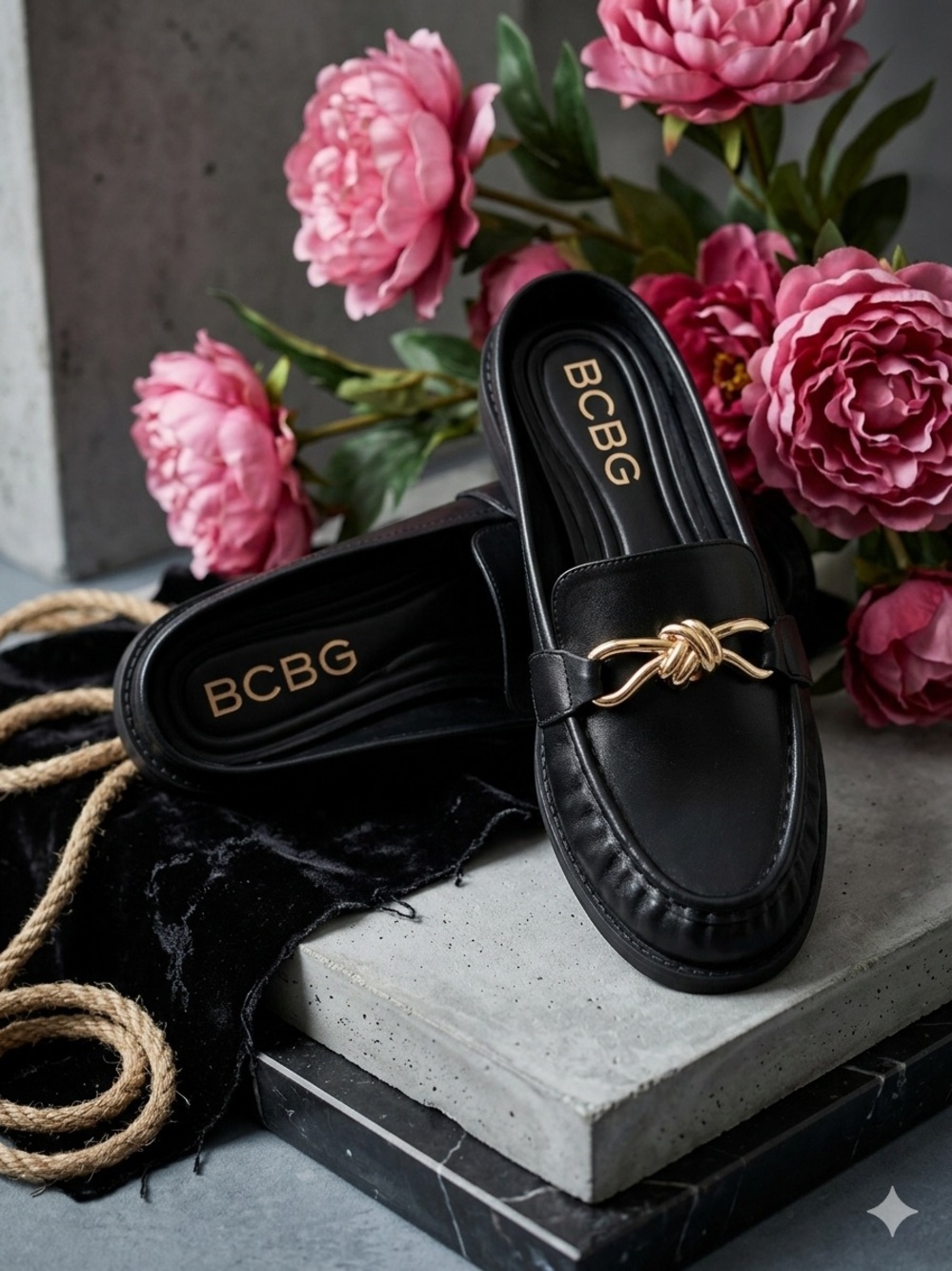 BCBG Black Leather Mules with Gold Knot Detail